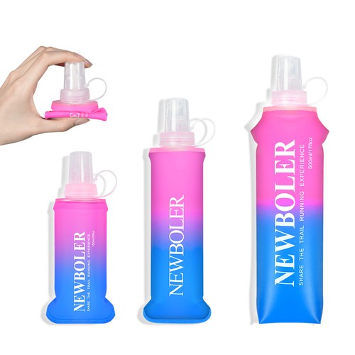 NEWBOLER BOT003 Faltbare, weiche Wasserflasche, zusammenklappbare, tragbare Sportflasche, BPA-frei – 500 ml, Pink Farbverlauf Blau