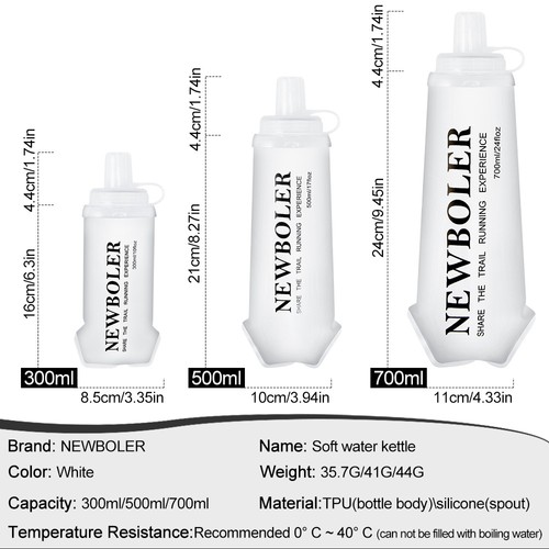 NEWBOLER BOT225 Faltbare, weiche Wasserflasche, zusammenklappbare, tragbare Sportflasche, BPA-frei – 300 ml, Weiß