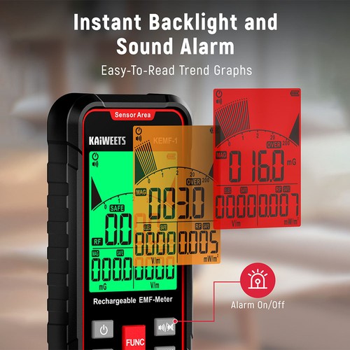 KAIWEETS KEMF-1 EMF-Strahlungsdetektor, EF/MF/RF-Daten, LED-Anzeige, Typ-C-Ladeanschluss