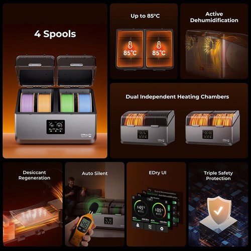 Creality SpacePi X4 Filamenttrocknerbox, 4-Spulen-Aufbewahrung, zwei Heizkammern, 85 °C maximale Temperatur, für PLA/TPU/PETG/ABS/Nylon