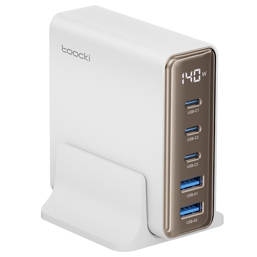 Toocki 140W GaN USB-Ladegerät, 5-in-1-Schnellladung, LED-Anzeige, für iPhone, Xiaomi-Smartphone, Laptop, Weiß