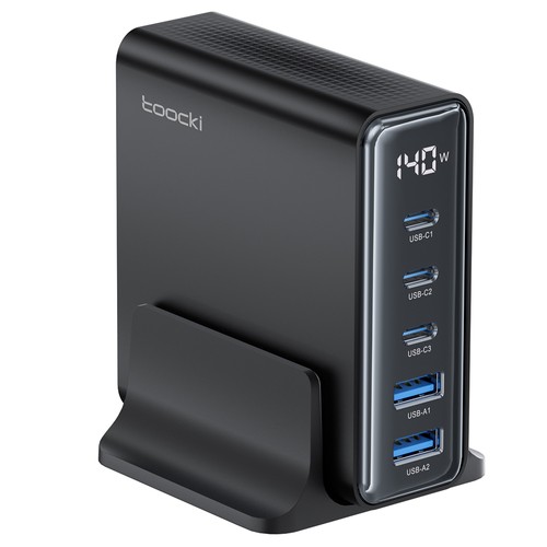 Toocki 140W GaN USB-Ladegerät, 5-in-1-Schnellladung, LED-Anzeige, für iPhone, Xiaomi-Smartphone, Laptop, Schwarz