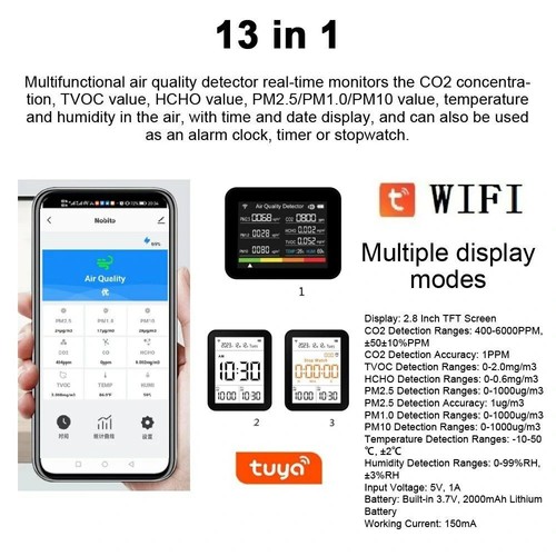 2C08 13 in 1 Tuya WIFI Luftqualitätsmonitor, Weiß