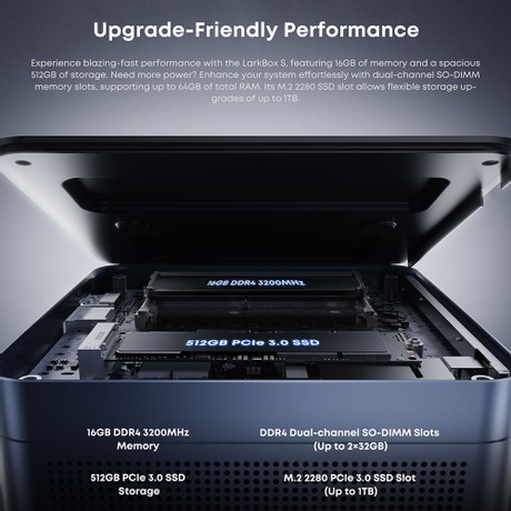 CHUWI LarkBox S Mini-PC, Intel Core i3-1220P 10 Kerne Max 4,4 GHz, 16 GB RAM 512 GB SSD, voll ausgestattet mit Typ-C + 2*HDMI 4K Triple Display, WiFi 5 Bluetooth 5.1, 1*USB3.2 Typ-C, 2*USB3.2 Typ-A, 2*USB2.0, 1*Audio-Buchse, 1*RJ45