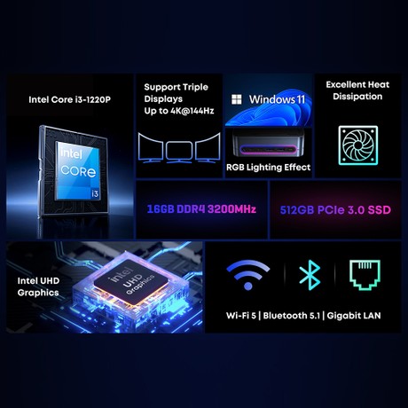 CHUWI LarkBox S Mini-PC, Intel Core i3-1220P 10 Kerne Max 4,4 GHz, 16 GB RAM 512 GB SSD, voll ausgestattet mit Typ-C + 2*HDMI 4K Triple Display, WiFi 5 Bluetooth 5.1, 1*USB3.2 Typ-C, 2*USB3.2 Typ-A, 2*USB2.0, 1*Audio-Buchse, 1*RJ45