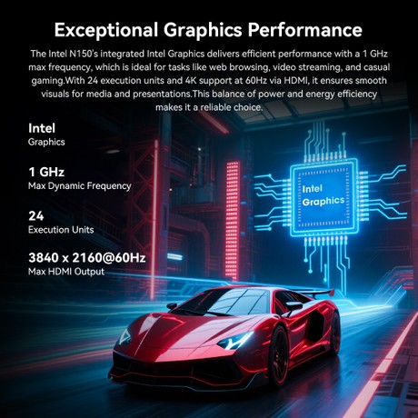 CHUWI LarkBox X Mini-PC, Intel N150 4 Kerne, max. 3,6 GHz, 16 GB RAM, 512 GB SSD, Typ C + HDMI + DP 4K-Dreifachdisplay, WiFi 6, Bluetooth 5.2, 2 x USB 3.2 Gen 2 Typ A, 2 x USB 3.2 Gen 1 Typ A, 1 x 2,5 G RJ45, 1 x 1 G RJ45, 1 x Audiobuchse