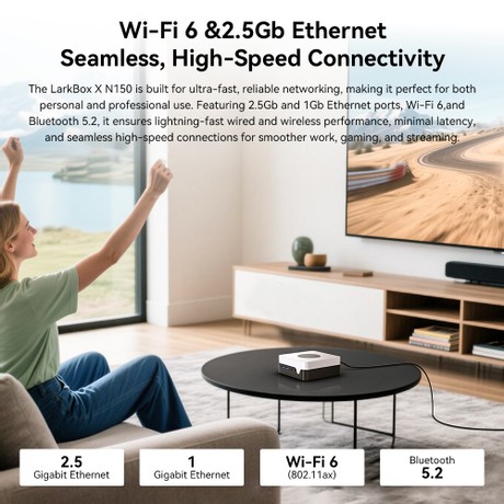 CHUWI LarkBox X Mini-PC, Intel N150 4 Kerne, max. 3,6 GHz, 16 GB RAM, 512 GB SSD, Typ C + HDMI + DP 4K-Dreifachdisplay, WiFi 6, Bluetooth 5.2, 2 x USB 3.2 Gen 2 Typ A, 2 x USB 3.2 Gen 1 Typ A, 1 x 2,5 G RJ45, 1 x 1 G RJ45, 1 x Audiobuchse