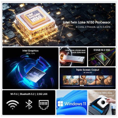 CHUWI LarkBox X Mini-PC, Intel N150 4 Kerne, max. 3,6 GHz, 16 GB RAM, 512 GB SSD, Typ C + HDMI + DP 4K-Dreifachdisplay, WiFi 6, Bluetooth 5.2, 2 x USB 3.2 Gen 2 Typ A, 2 x USB 3.2 Gen 1 Typ A, 1 x 2,5 G RJ45, 1 x 1 G RJ45, 1 x Audiobuchse