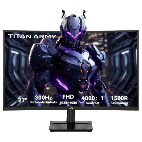 TITAN ARMY C27A1H Gaming-Monitor, 27 Zoll 1500R Curved VA-Bildschirm, 1920 x 1080, 300 Hz Bildwiederholfrequenz, 1 ms GTG-Reaktionszeit, FreeSync, HDR10, 4000:1 Kontrastverhältnis, dynamisches OD, 10 Szenariomodi, 2 x HDMI 2.0, 2 x DP 1.4, 1 x Audio