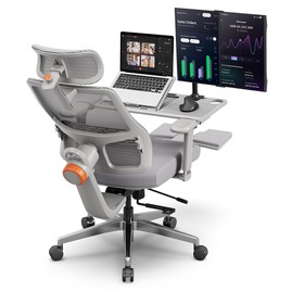 NEWTRAL MagicH-GPRO Chaise ergonomique avec bureau amovible, appui-tête à suivi automatique du dossier, support lombaire adaptatif, accoudoir réglable, 3 positions verrouillables - Gris