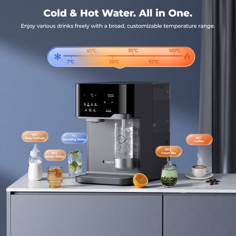 Hydrofast C300 RO Countertop Water Purifier, Iced & Sparkling Water Dispenser, 6-Stage Filtration with UV Sterilization, 5L Raw Tank & 1.5L Pure Tank, Adjustable Temperature & Volume, Smart TDS Display