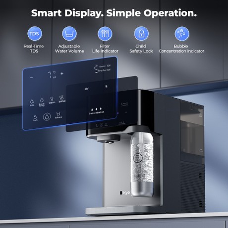 Hydrofast C300 RO Countertop Water Purifier, Iced & Sparkling Water Dispenser, 6-Stage Filtration with UV Sterilization, 5L Raw Tank & 1.5L Pure Tank, Adjustable Temperature & Volume, Smart TDS Display