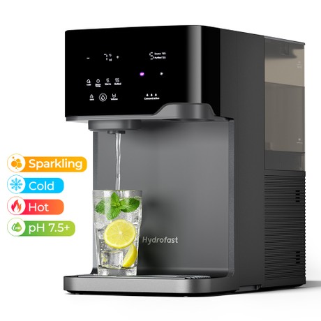 Hydrofast C300 RO Countertop Water Purifier, Iced & Sparkling Water Dispenser, 6-Stage Filtration with UV Sterilization, 5L Raw Tank & 1.5L Pure Tank, Adjustable Temperature & Volume, Smart TDS Display