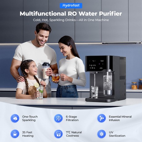 Hydrofast C300 RO Countertop Water Purifier, Iced & Sparkling Water Dispenser, 6-Stage Filtration with UV Sterilization, 5L Raw Tank & 1.5L Pure Tank, Adjustable Temperature & Volume, Smart TDS Display