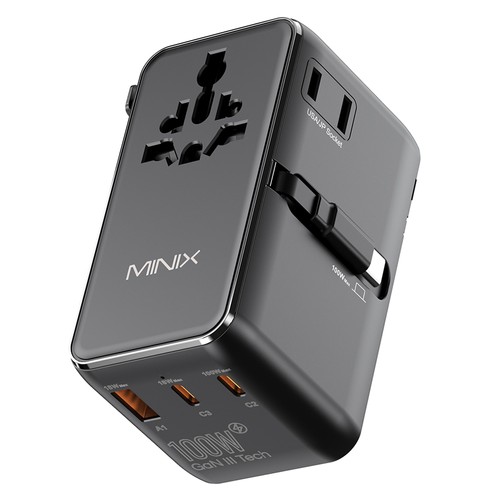 MINIX TP100C Universal-Reiseadapter mit 63 cm langem, einziehbarem USB-C-Kabel