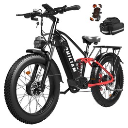 PHILIAM F3 PRO Vélo électrique à double moteur, 1000W*2 (3000W en pointe), batterie 52V 23Ah, 60km/h, autonomie de 160km, pneus larges 26"×4", freins hydrauliques à 4 pistons, suspension intégrale, charge maximale de 154kg - Noir & Rouge