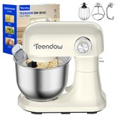 Teendow SM-B03C állványos mixer, 500W teljesítmény, 5 literes SUS304 rozsdamentes acél tál, 12 sebességes szűrővezérlés, 17 000 ford./perc motor, dönthető fej kialakítás, mosogatógépben mosható tartozékok, tésztakarróval, habverővel és kanállal.