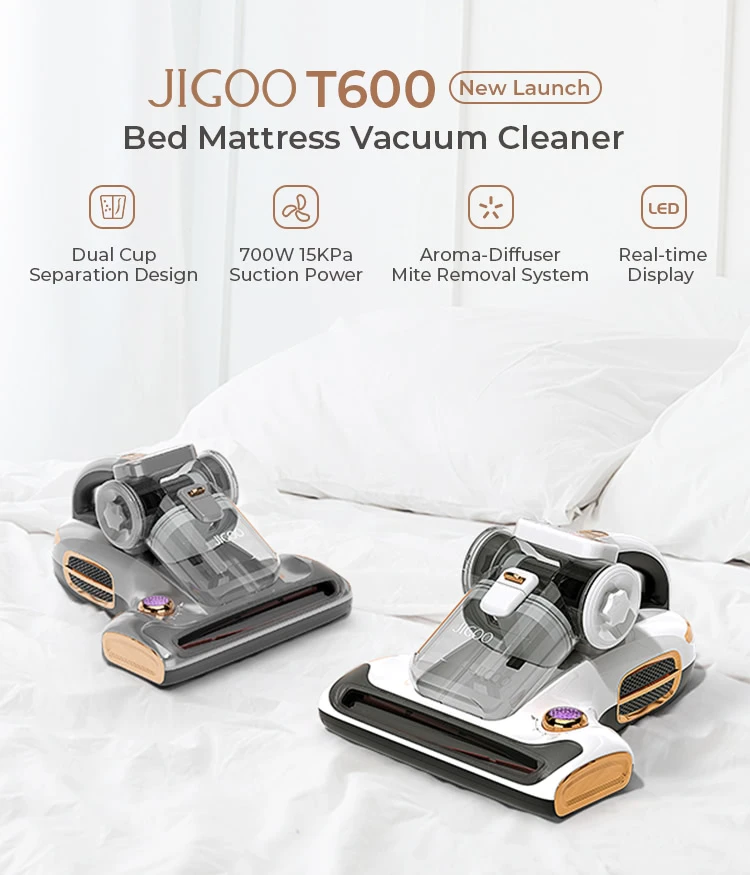 JIGOO T600 Bed Mattress Vacuum Cleaner, Dual Cup Design, 99.99