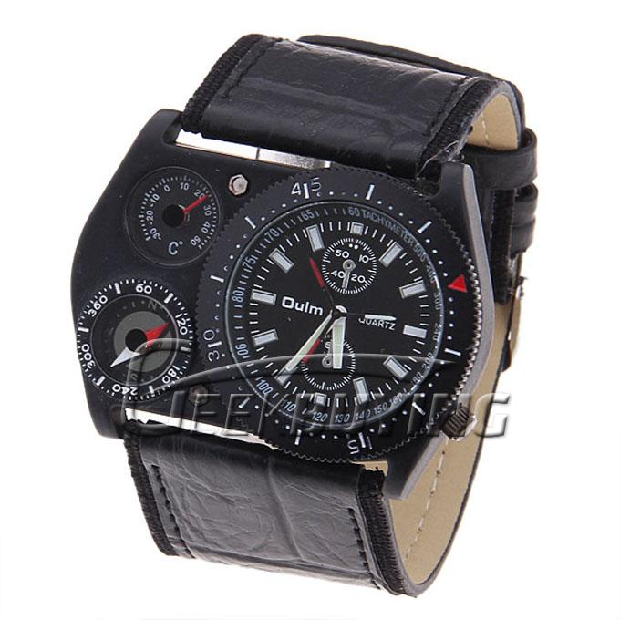 Oulm Luminous Men's Quartz Movement Leather Band Wrist Watch with Compass and Thermometer - Black/Black Dial