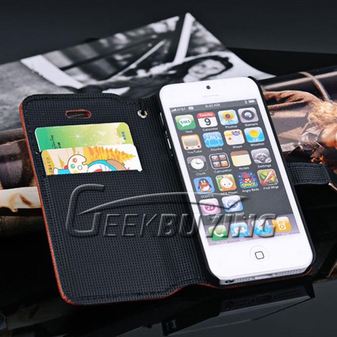 Brand New Wallet Protective Great Button Leather Case Cover For iPhone 5S 5 - Brown