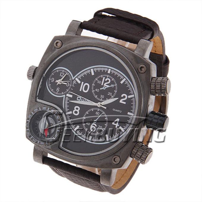 Oulm Men's Quartz Leather Band Wrist Watch Japan Movt Square Shaped Function Compass - Black