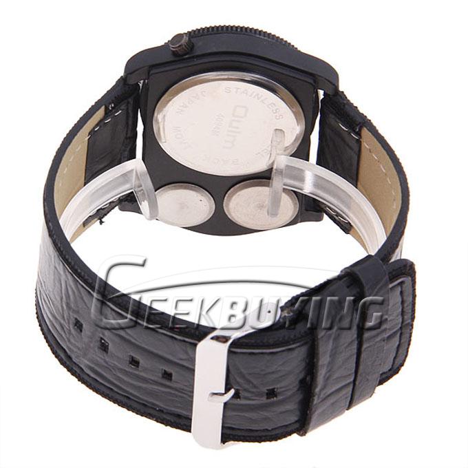 Oulm Luminous Men's Quartz Movement Leather Band Wrist Watch with Compass and Thermometer - Black/Black Dial