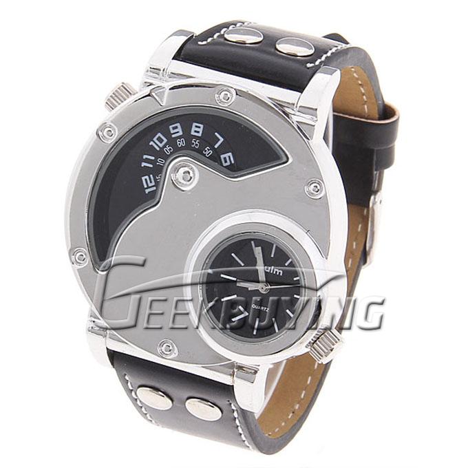 Oulm Men's Quartz Cool Military Leather Band Wrist Watch Round Shaped - Black 