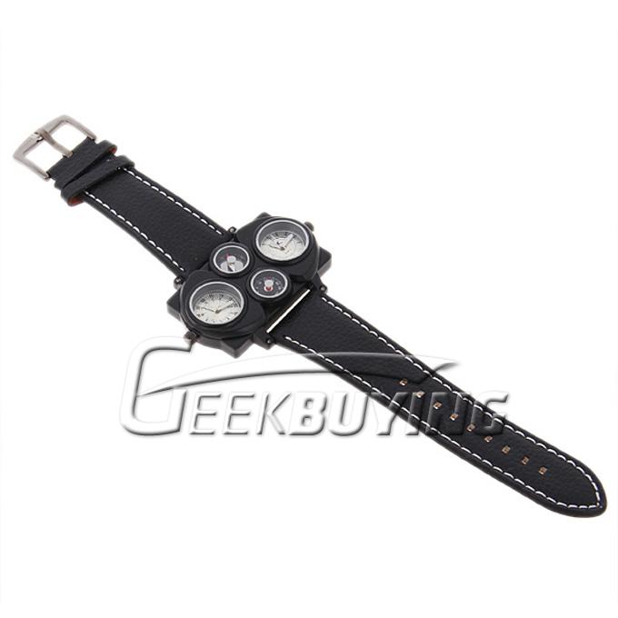 Oulm Adventure Multi-Function Leather Watch with Compass Thermometer Rectangle Shaped for Men - Black