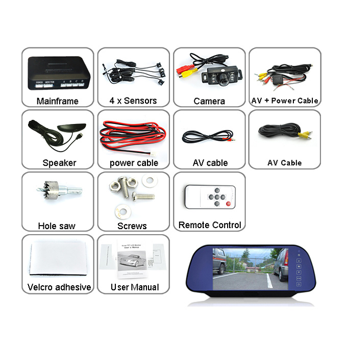 Hot Sale Weatherproof  Voice Warning Car Reversing Set w/4 Parking Sensors&Rearview Camera &7 inch TFT LCD Screen Rearview Mirror