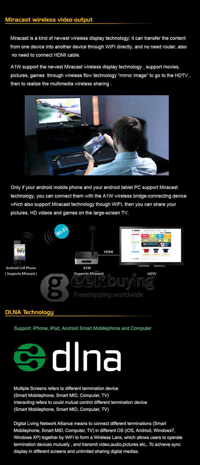 A1W Wireless 2.4G/5GHz Wireless Band Miracast Player Support WiDi/DLNA Dual Technology 1080P HD Media Player for iPhone/iPad/Android phone and Computer