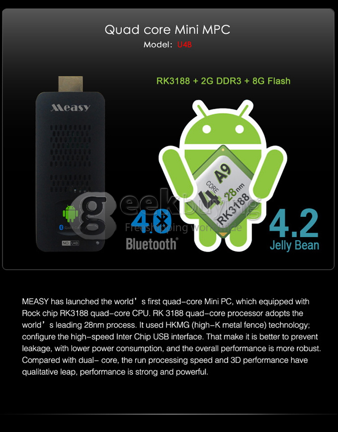 U4B Measy RK3188 Android 4.2 Quad Core 1.6Ghz Mini PC TV Box Dongle 2G/8G Dual Band 2.4G/5G Wifi Bluetooth HDMI - Black