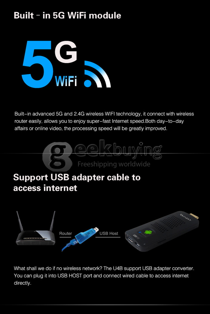 U4B Measy RK3188 Android 4.2 Quad Core 1.6Ghz Mini PC TV Box Dongle 2G/8G Dual Band 2.4G/5G Wifi Bluetooth HDMI - Black