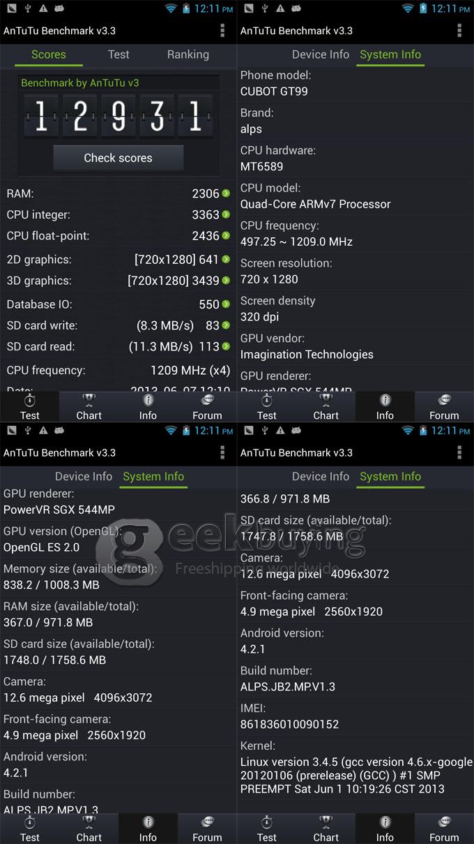 Cubot GT99 MTK6589 Quad Core 1.2GHz 4.5Inch Android 4.2 OS Smartphone 1GB RAM 4GB ROM HD Screen 12.0MP Camera with 3G/GPS-Black