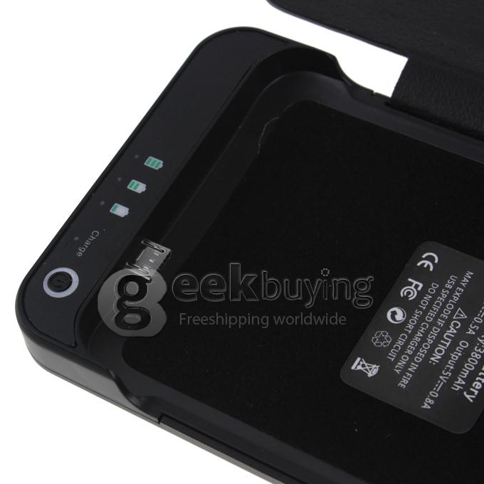 3800mAh External Battery Power Charger with Flip Leather Stand Case For HTC One M7 - Black
