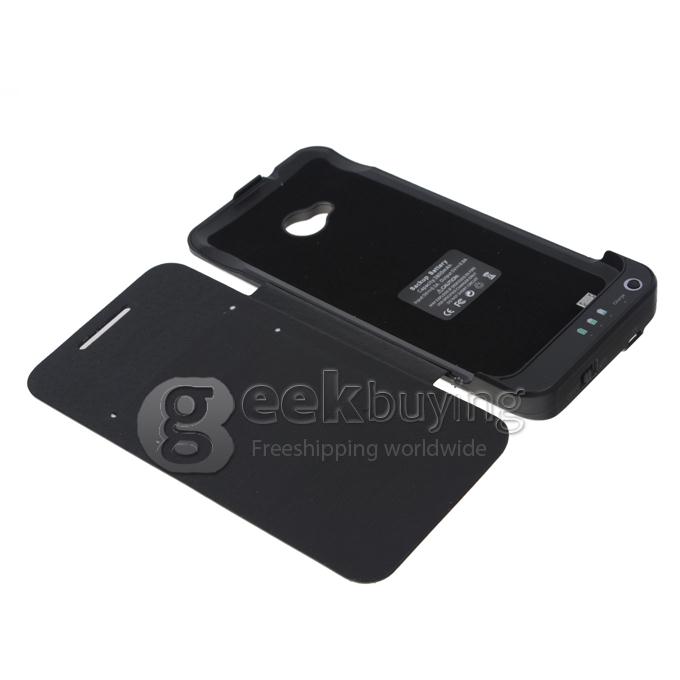 3800mAh External Battery Power Charger with Flip Leather Stand Case For HTC One M7 - Black