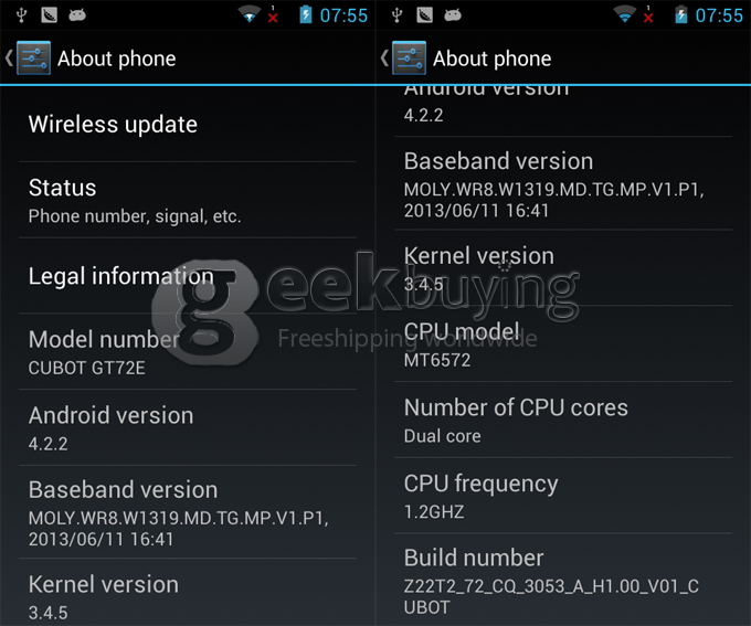 CUBOT GT72 4.0 Inch WVGA MTK6572 Dual Core 1.2GHz Smart Phone 2.0MP camera Android 4.2 OS GPS/WiFi with Free Case-White