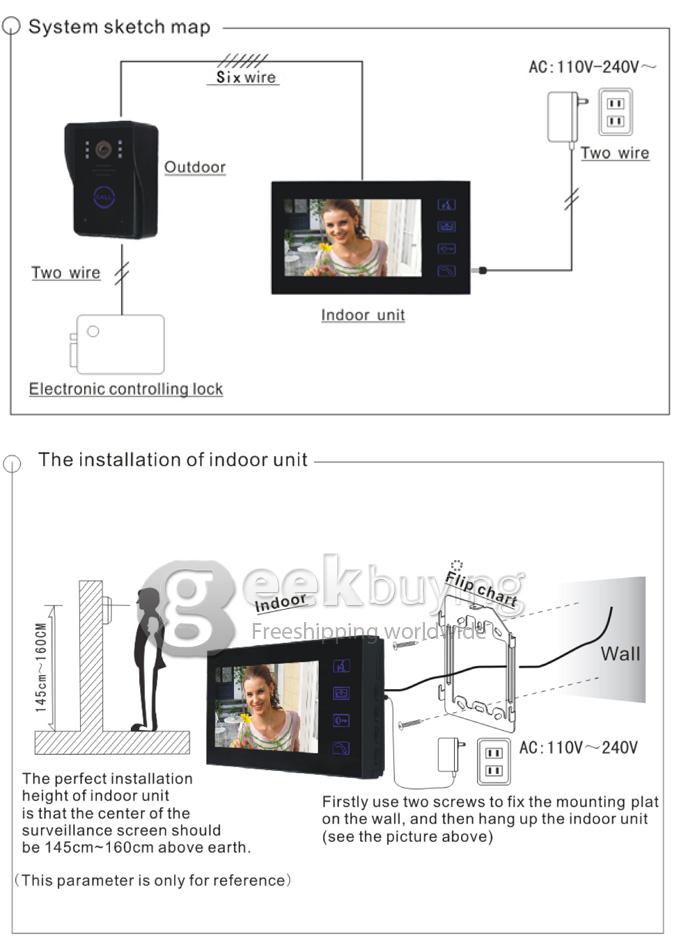 2.4GHz Wireless 7 TFT Doorbell Door Phone Intercom System(Calls, Intercom, Unlock, Monitor, Night Vision) - Black