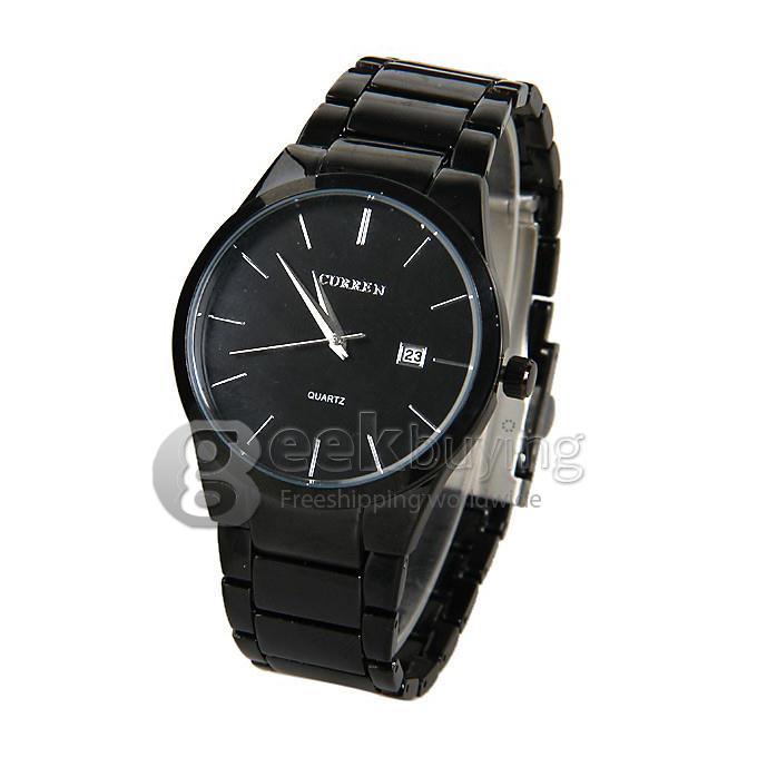 Curren 8106 Men's Watch Strips Hour Marks with Calendar Round Dial Steel Watchband - Black