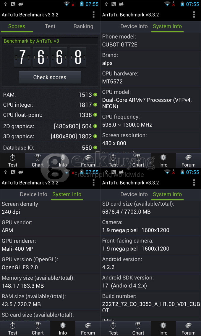 CUBOT GT72 4.0 Inch WVGA MTK6572 Dual Core 1.2GHz Smart Phone 2.0MP camera Android 4.2 OS GPS/WiFi with Free Case-White