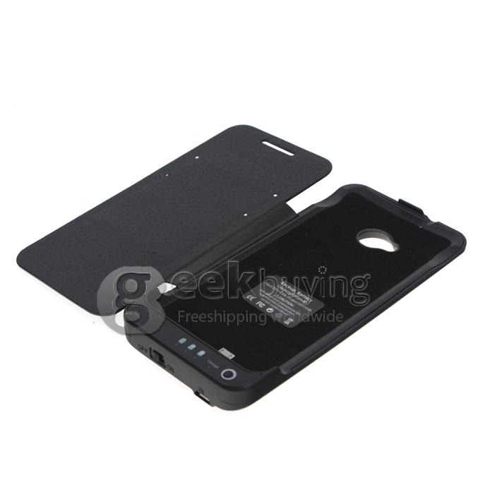 3800mAh External Battery Power Charger with Flip Leather Stand Case For HTC One M7 - Black