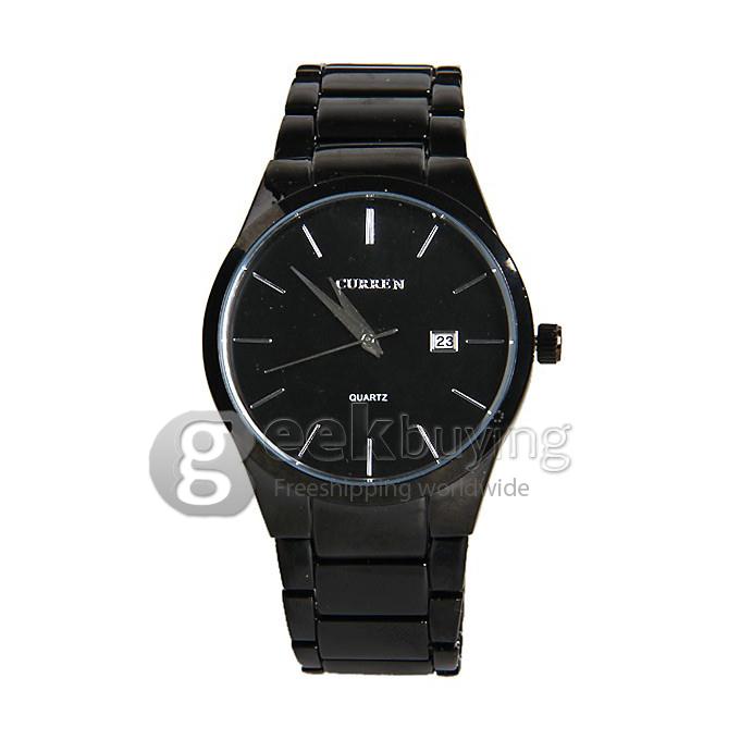 Curren 8106 Men's Watch Strips Hour Marks with Calendar Round Dial Steel Watchband - Black