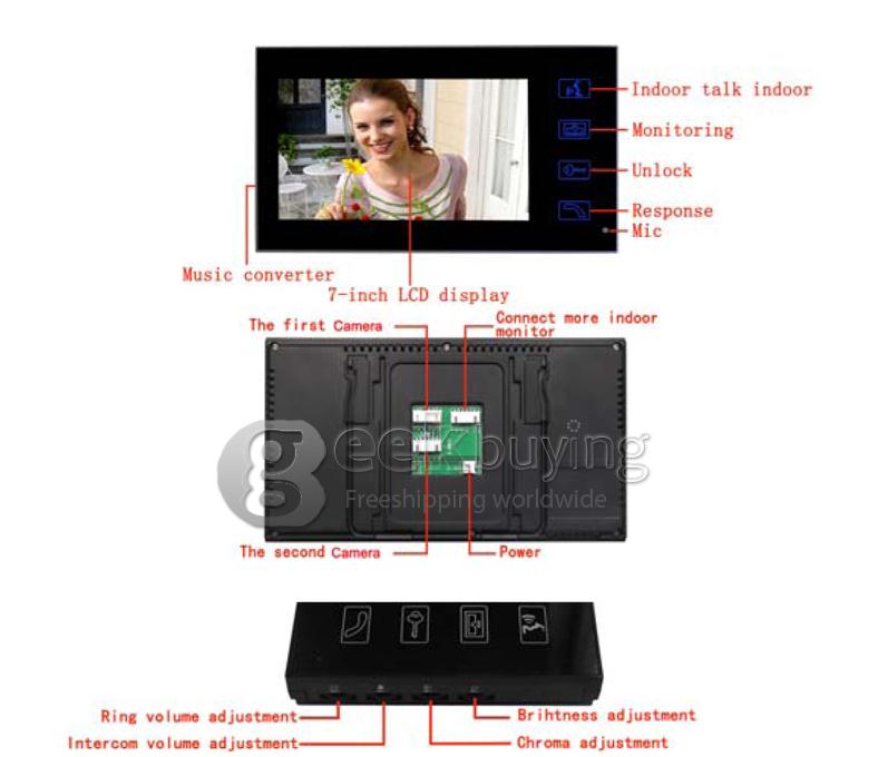 2.4GHz Wireless 2 x 7 TFT Doorbell Door Phone Intercom System(Calls, Intercom, Unlock, Monitor, Night Vision) - Black