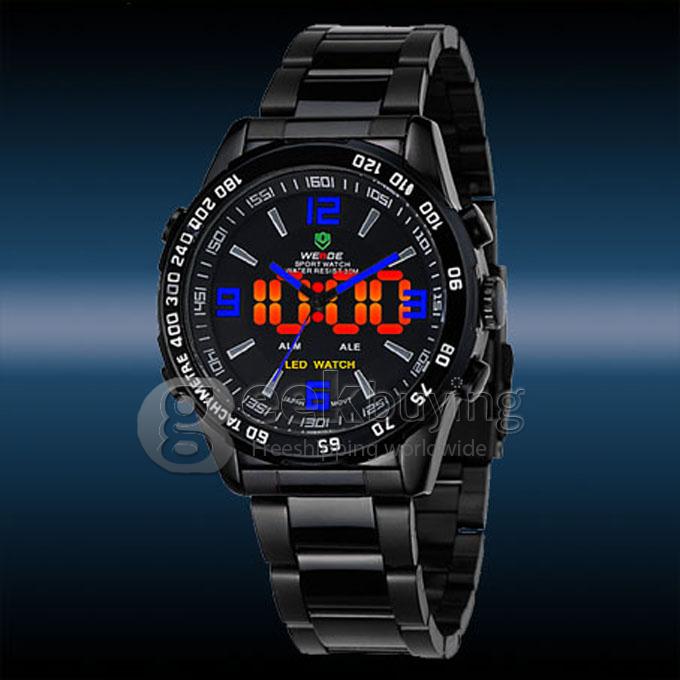 30 Meters Water Resistant Casual Men's LED Back Light Multi-functional Analog Digital Watch - Black