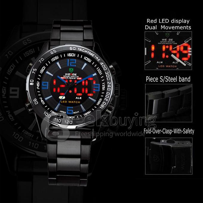 30 Meters Water Resistant Casual Men's LED Back Light Multi-functional Analog Digital Watch - Black