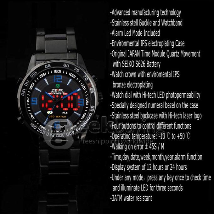 30 Meters Water Resistant Casual Men's LED Back Light Multi-functional Analog Digital Watch - Black