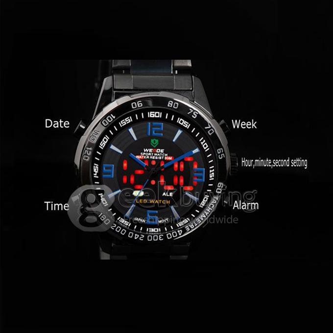 30 Meters Water Resistant Casual Men's LED Back Light Multi-functional Analog Digital Watch - Black
