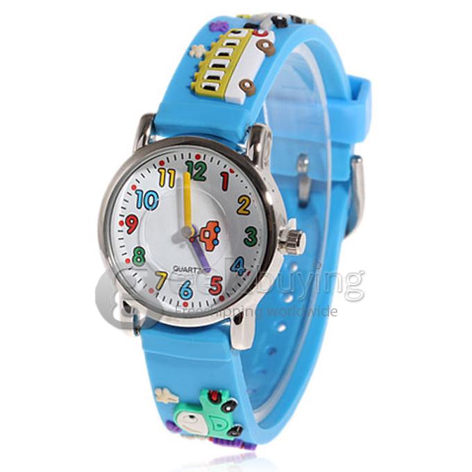 Children 3D Cars Design Style Wrist Watch with Stainless Steel Case Rubber Strap - Blue