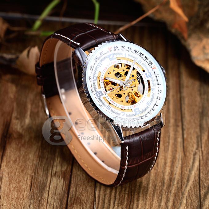 Men's PU Analog Automatic Mechanical Wrist Watch with Silver Dial