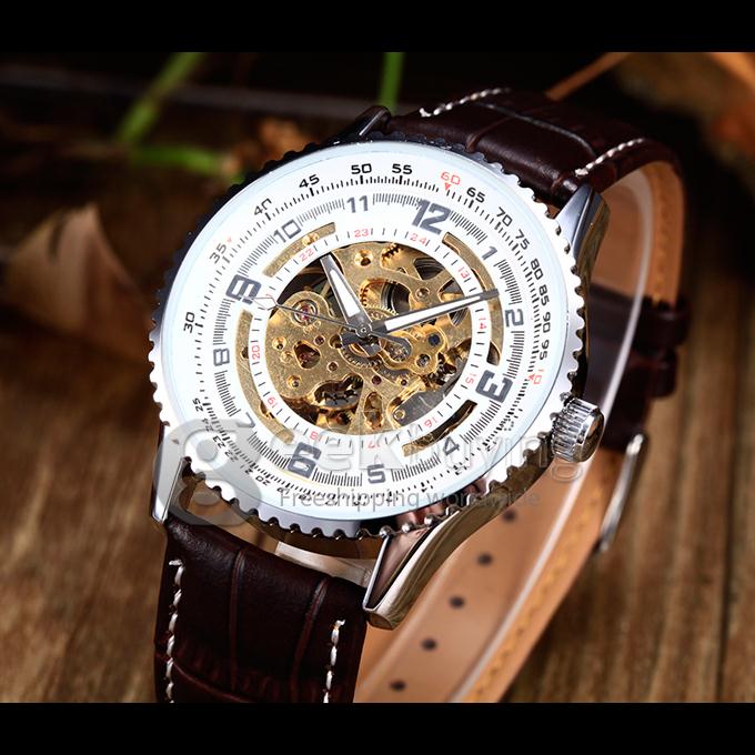 Men's PU Analog Automatic Mechanical Wrist Watch with Silver Dial