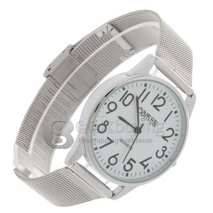 Unisex Steel Watchband Round Dial Quartz Wrist Watch - White